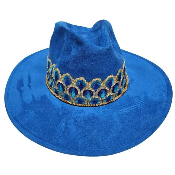 Peacock Royal Blue Velvet Cowboy Wide Brim Hat Tassel Embroidered Ribbon‎ Band M